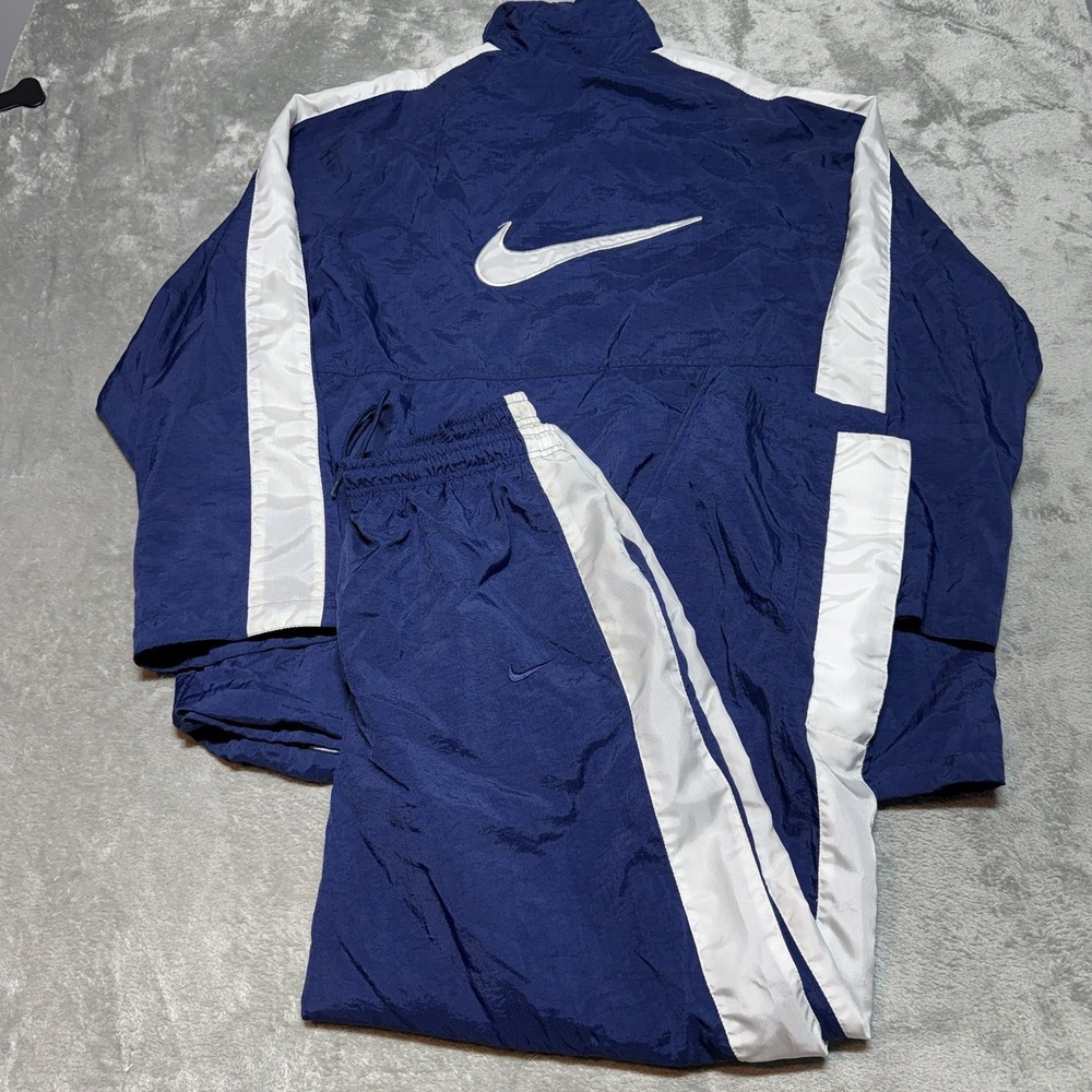 Vintage 90s Nike Tracksuit Set XL Big Swoosh Jacket Pants Navy Blue Windbreaker